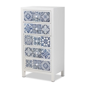Baxton Studio Alma Spanish Mediterranean Inspired White Wood and Blue Floral Tile Style 5-Drawer Storage Cabinet